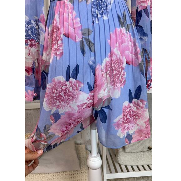 Express Women's Size M Light Blue Floral Back Zip Tie Waist Romper #0495 - Picture 9 of 16